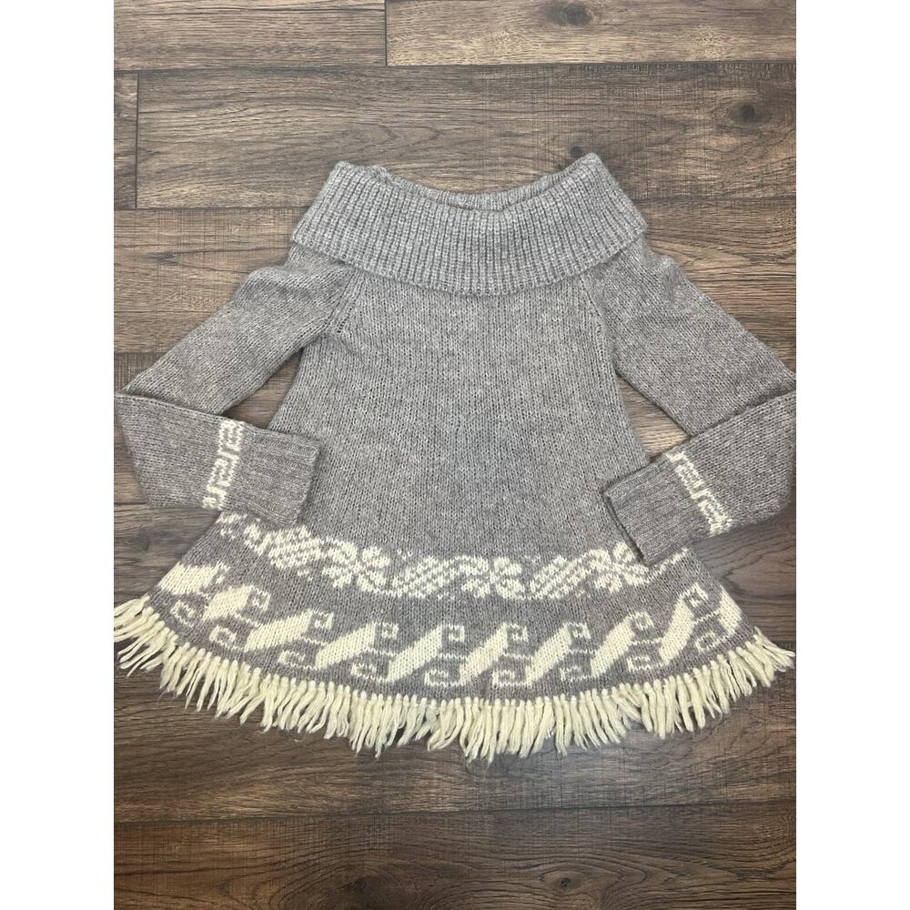 Free People Gray and Cream Knit Fringe Off-Shoulder Sweater